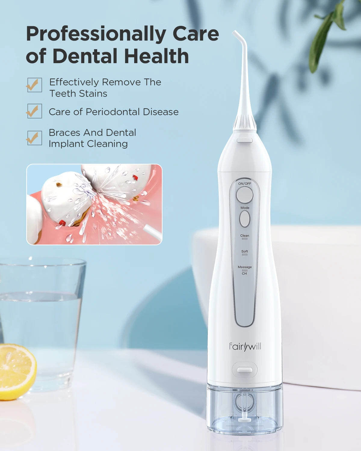 Fairywill Rechargeable Water Flosser: 3-Mode Portable Oral Irrigator with 300ML Tank