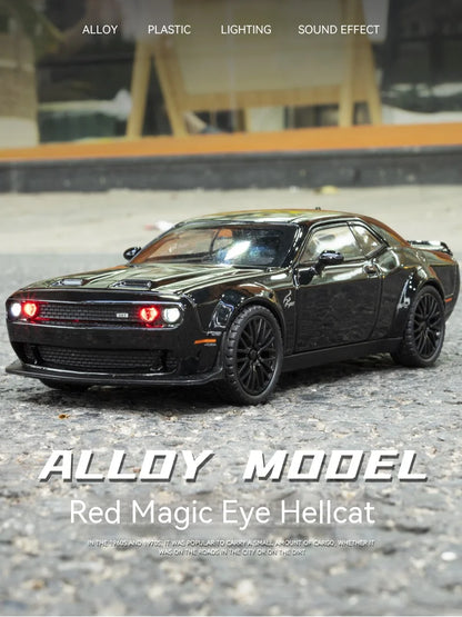 Dodge Challenger Hellcat Die-Cast Metal Toy Car with Pull-Back Action, Sound, and Light Features