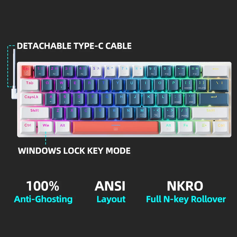 Machenike K500-B61 Mini Mechanical Keyboard: 60% Compact, 61 Hot-Swappable Keys, Wired RGB Gaming Keyboard