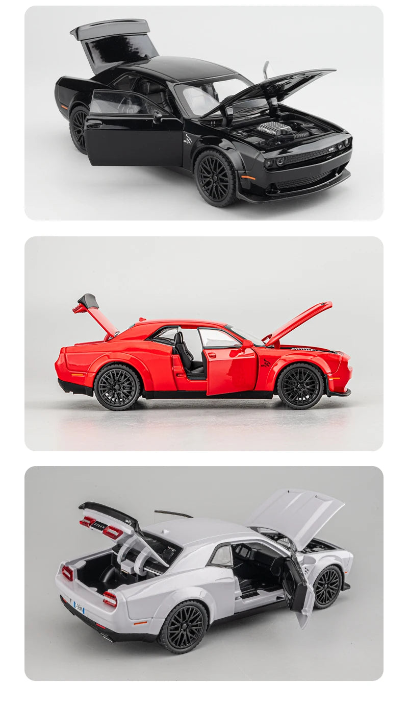 Dodge Challenger Hellcat Die-Cast Metal Toy Car with Pull-Back Action, Sound, and Light Features