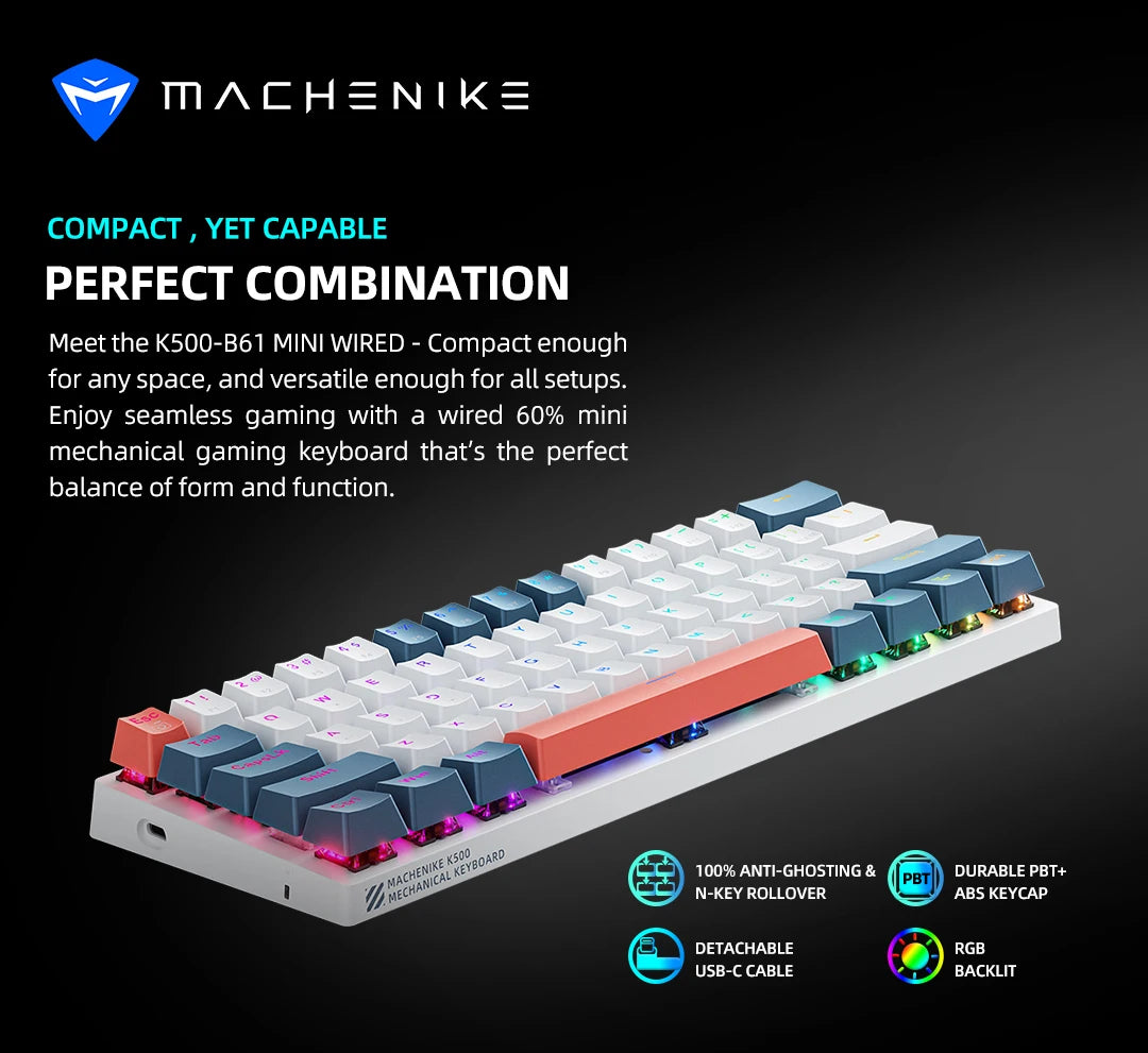 Machenike K500-B61 Mini Mechanical Keyboard: 60% Compact, 61 Hot-Swappable Keys, Wired RGB Gaming Keyboard