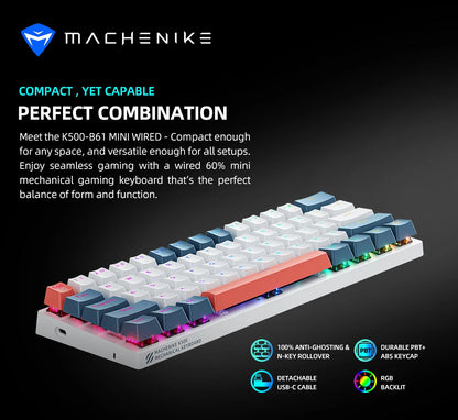 Machenike K500-B61 Mini Mechanical Keyboard: 60% Compact, 61 Hot-Swappable Keys, Wired RGB Gaming Keyboard