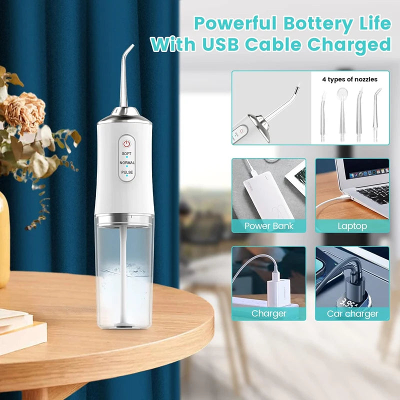 Portable USB Dental Water Flosser | Rechargeable Oral Irrigator with 4 Tips & 220ml Tank