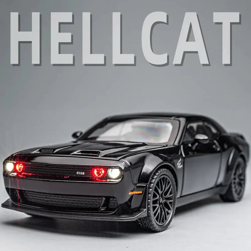 Dodge Challenger Hellcat Die-Cast Metal Toy Car with Pull-Back Action, Sound, and Light Features