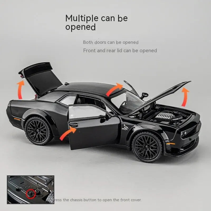 Dodge Challenger Hellcat Die-Cast Metal Toy Car with Pull-Back Action, Sound, and Light Features