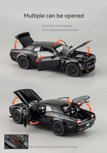 Dodge Challenger Hellcat Die-Cast Metal Toy Car with Pull-Back Action, Sound, and Light Features