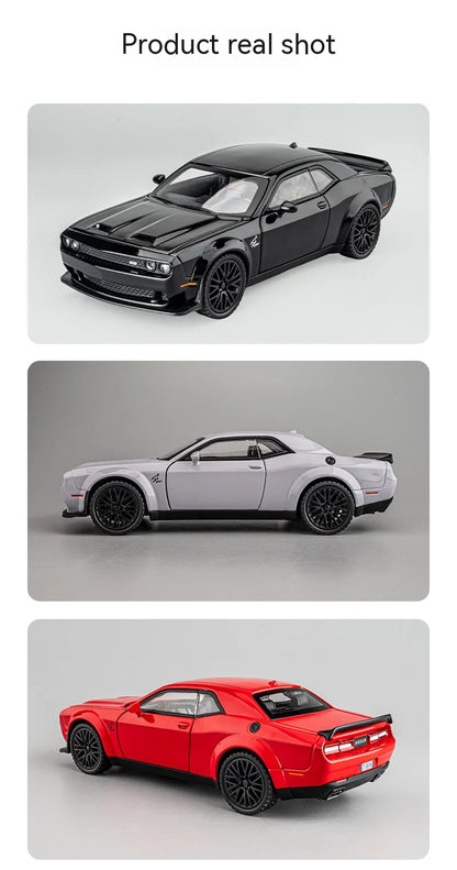 Dodge Challenger Hellcat Die-Cast Metal Toy Car with Pull-Back Action, Sound, and Light Features