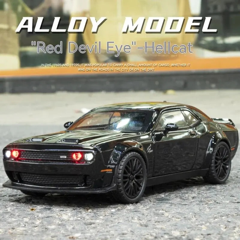 Dodge Challenger Hellcat Die-Cast Metal Toy Car with Pull-Back Action, Sound, and Light Features