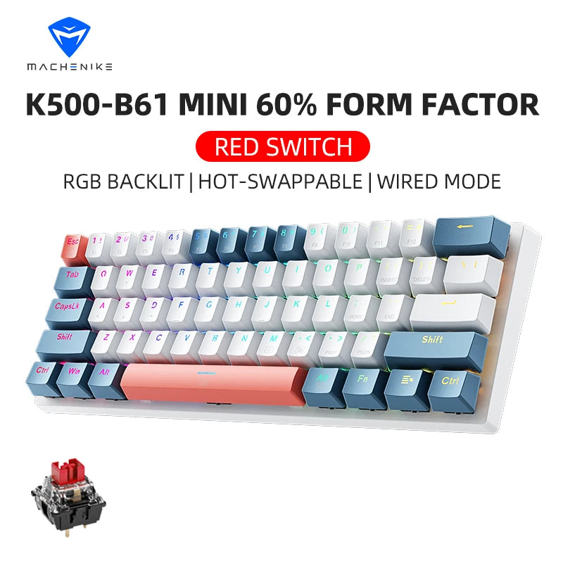 Machenike K500-B61 Mini Mechanical Keyboard: 60% Compact, 61 Hot-Swappable Keys, Wired RGB Gaming Keyboard